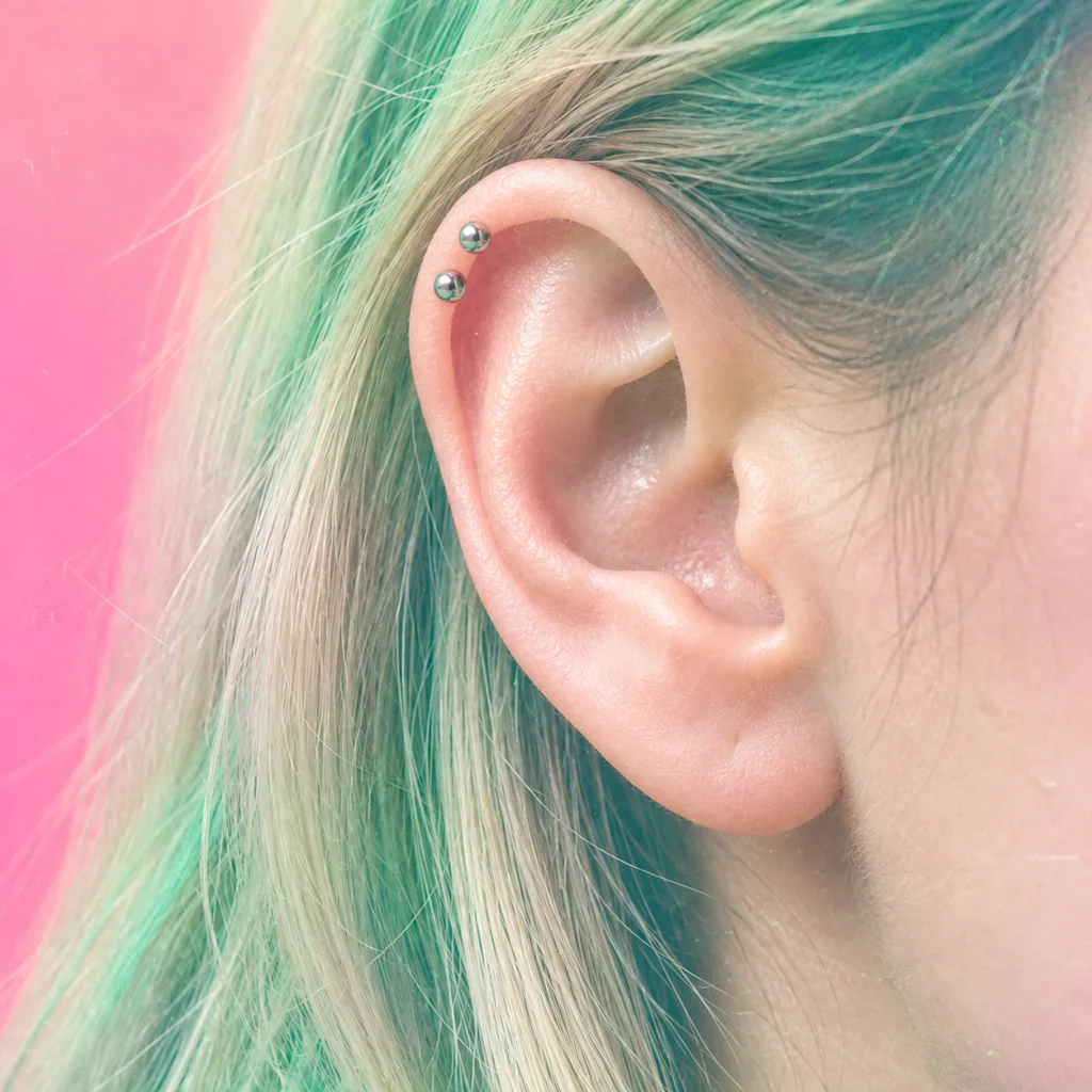 Gegenereerd voorbeeld van helix (2 piercings) in de roze en mintkleurige Bunker Basement-beeldstijl.