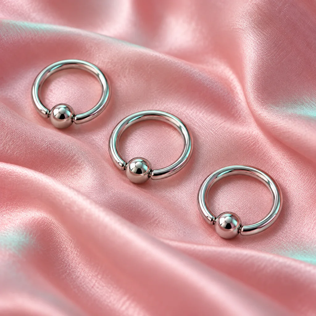 Sfeerbeeld van drie titaniumringen op roze stof; geen plaatsingsvoorbeeld.