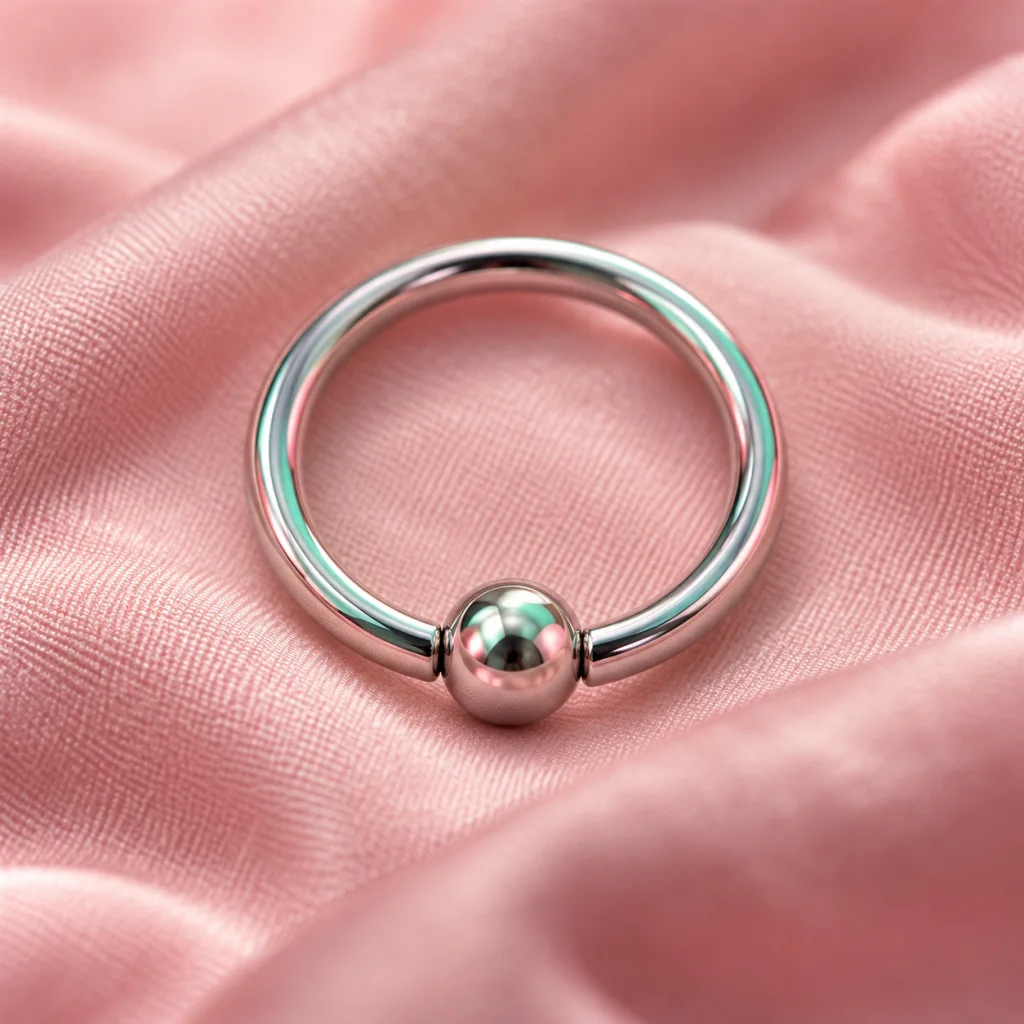 Sfeerbeeld van een titaniumring met bolletje op roze stof; geen plaatsingsvoorbeeld.