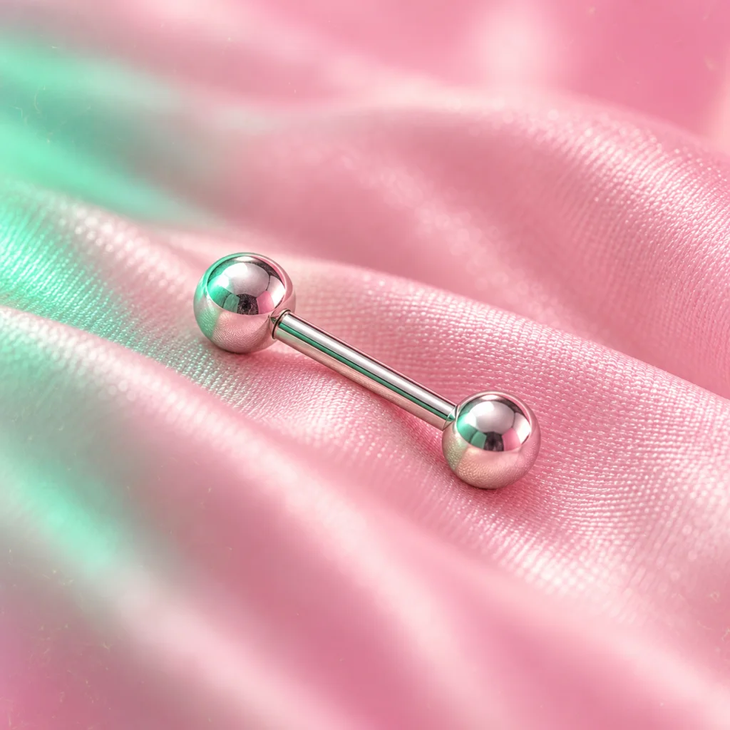 Sfeerbeeld van één zilverkleurig staafje op roze stof; geen plaatsingsvoorbeeld.